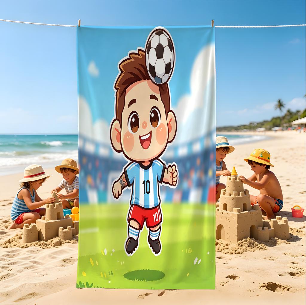 Chibi Cartoon Soccer Boy Beach Towel, Wrinkle Resistant, Adorable Print Towel For Family Travel & Beach Days
