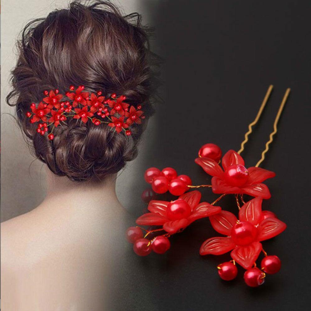 5Pcs Fashion Bridal U-shaped Rhinestone Pearl Flower Hairpin Metal Hair Barrette Rhinestone Hair Clip Crystal Flower Hair Fork