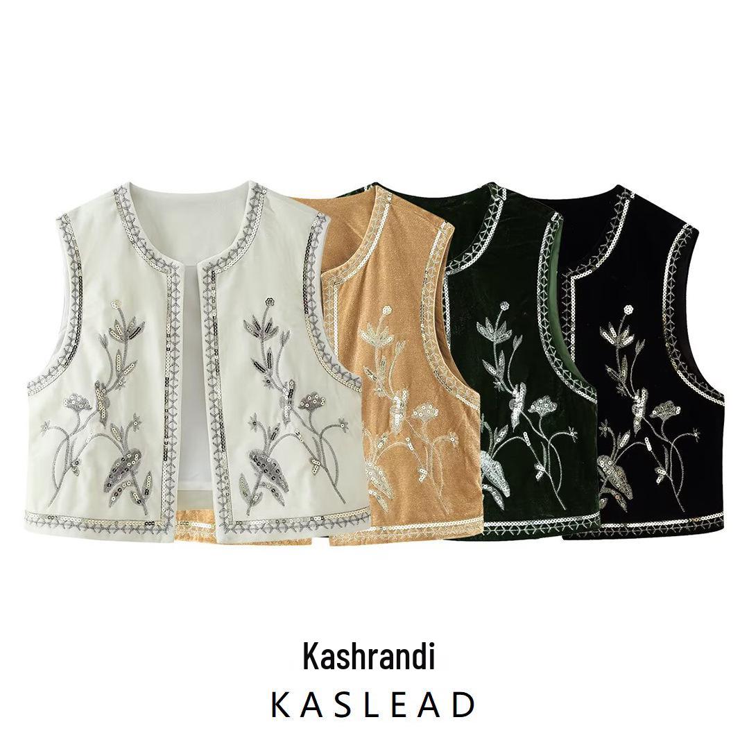 

2024 Autumn Women s European & American Velvet Sequin Embroidered Vest M чёрный