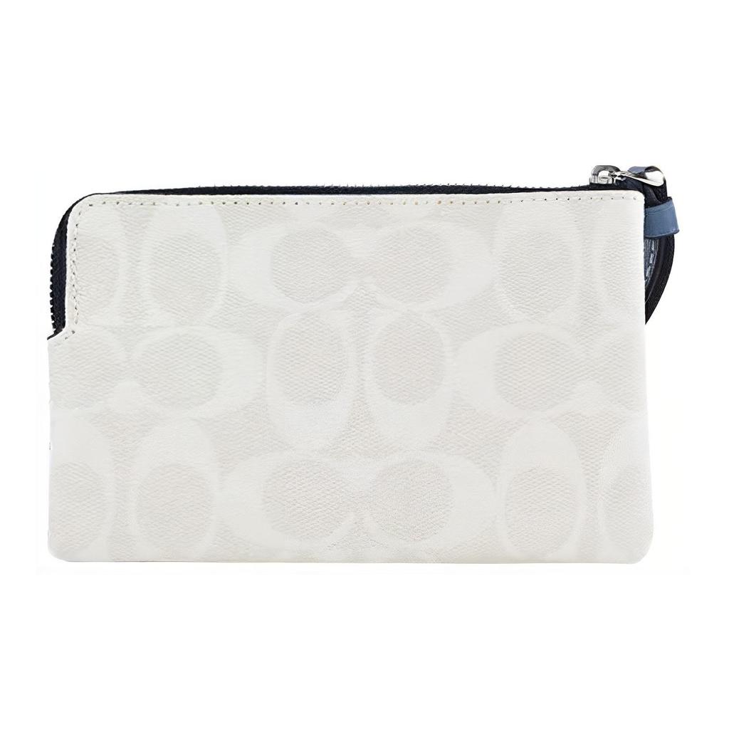 New COACH Corner Zip Coated Canvas With Smooth Leather Wrist Bag Clutch Small Women's Chalk White & Indigo CB855-SVUON