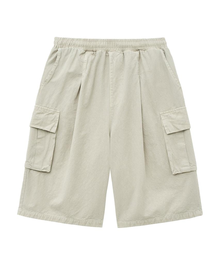 MOZMOZ Stonewashed Cotton Cargo Single-Pleat Wide Shorts Beige