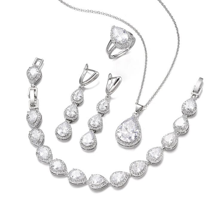 Water Drop Long Necklace Earrings Ring Bracelet Jewelry Set Fashion Zircon Jewelry Set