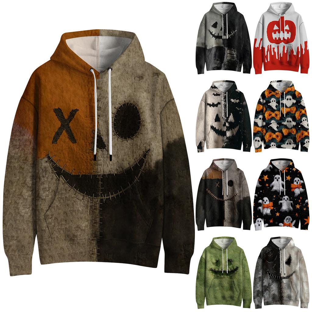 Women's Fashion Long Sleeve Pullover Halloween Print Hooded Pocket Sweatshirt