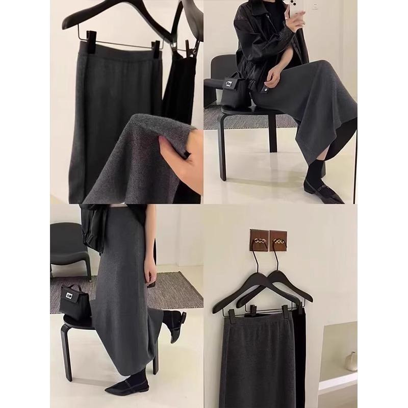 Gray Wool Elastic Waist Knitted Skirt for Women In Autumn and Winter Latest Style Temperament Small Hip-packing A-line Skirt