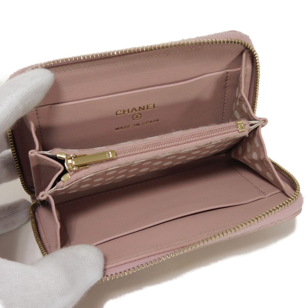 Used 10097 Coco Pearl Zip Coin Purse AP3811 7943 COCO Mark CC Mark Dots Random Matelasse Pink Beige Women's from Japan