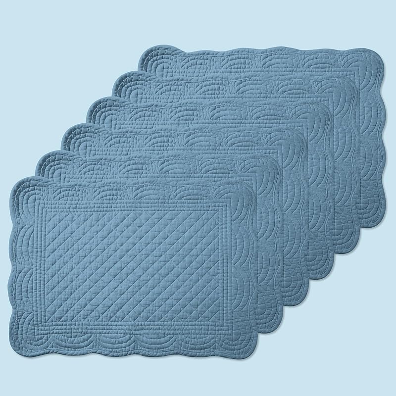 6 PC Quilted Placemats, 18 X13 Extra Large Cotton Placemats Set of 6, 100% Cotton Fabric Washable Cloth Table Mats for Kitchen & Dining Table - Soft Round синий