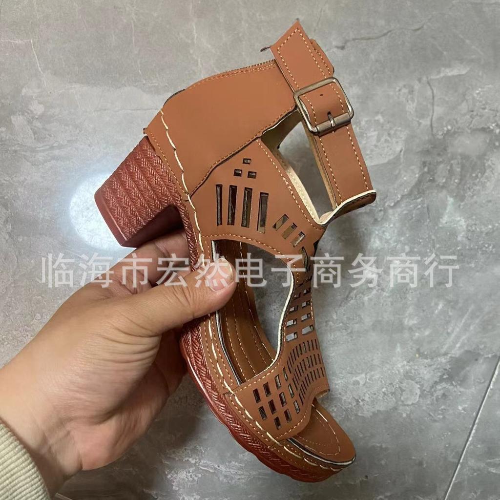 Sandals for Women 2025 New Thick Heeled Sandals Summer Breathable Hollow Out Sandals for Women Retro High Heels Roman Sandalias