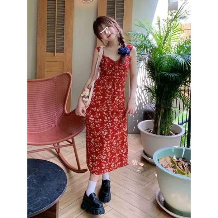 Coffee Break French Red Floral Suspender Dress Children's Summer New Seaside Vacation Beach Dress