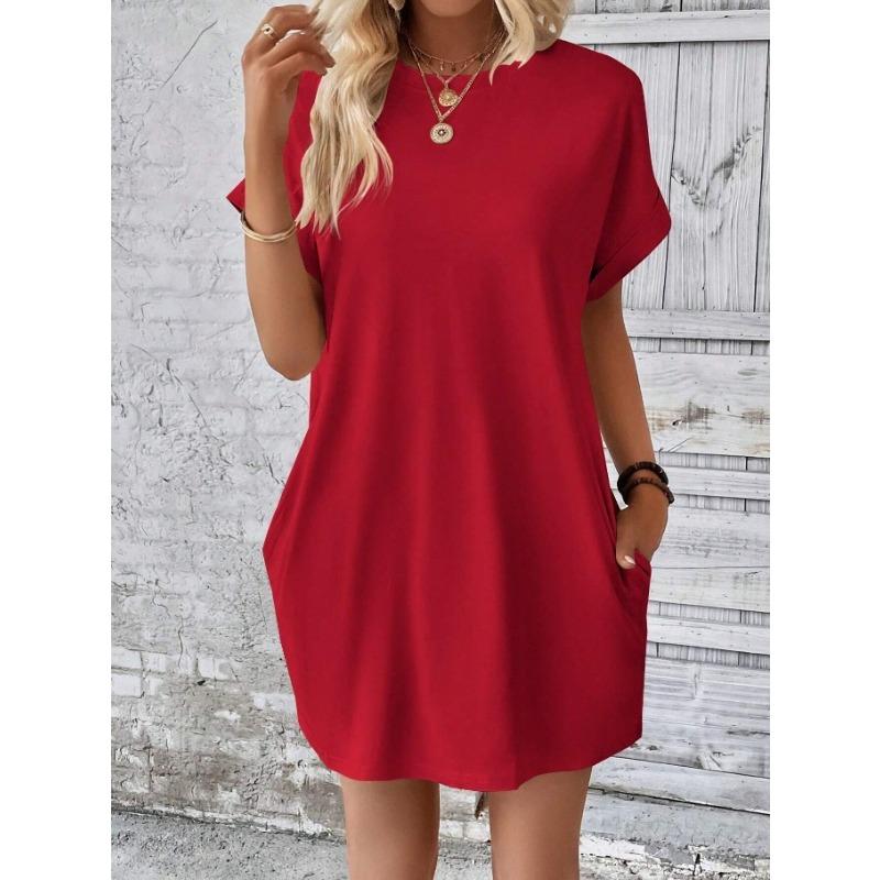 Fashion Women O Neck Short Sleeve Summer Dress Loose Solid Color Simple Basic Elegant Casual Party Short Dresses Female Women's Clothing