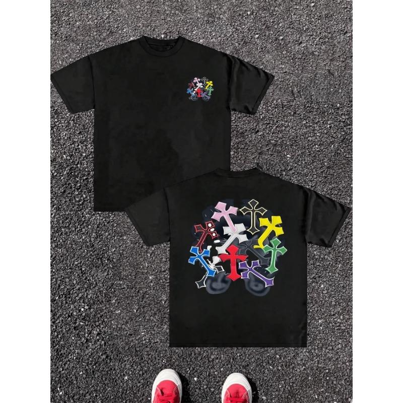 Harajuku Streetwear Pure Cotton Men T-Shirt Double Sided Digital Print Colorful Cross Graphic Breathable Unisex Casual Tops S