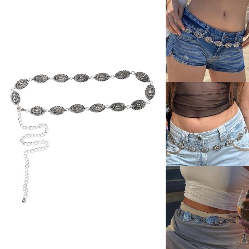 Women Alloy Waist Belt Ethnic Style Adjustable Waist Belt Metal Women Dress Shirt Waist Belt with Carved Flower Buckle