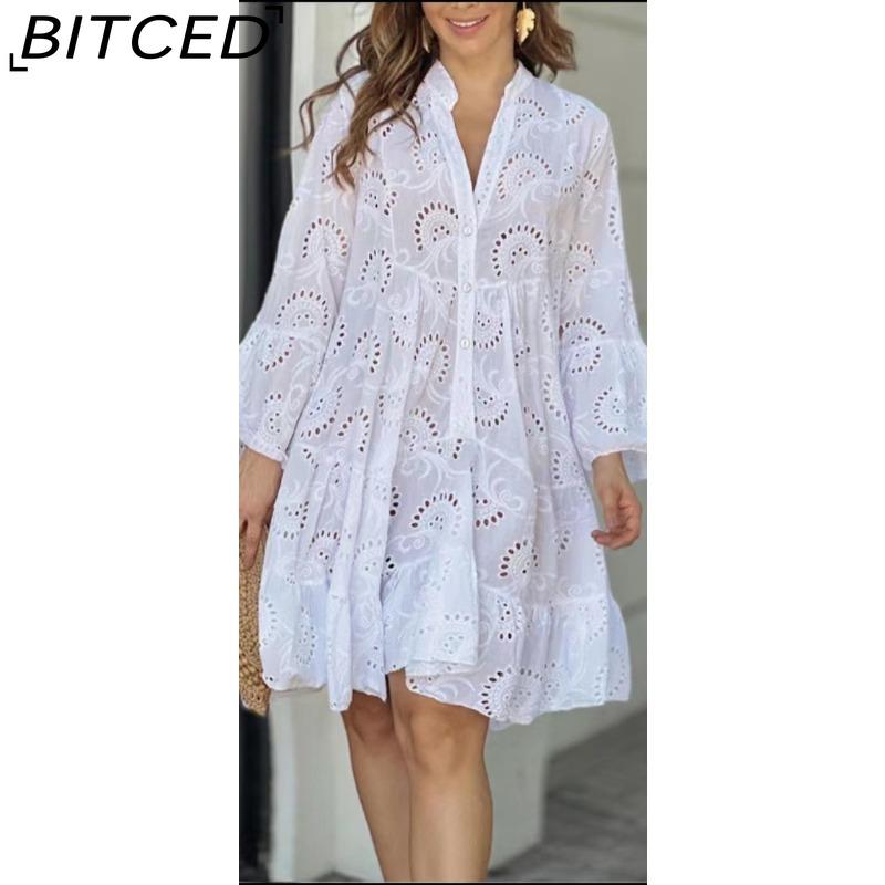 BITCED Women s Spring/Summer Solid-Colour V-Neck Loose-Fit Embroidered Lace-Cutout Dress S