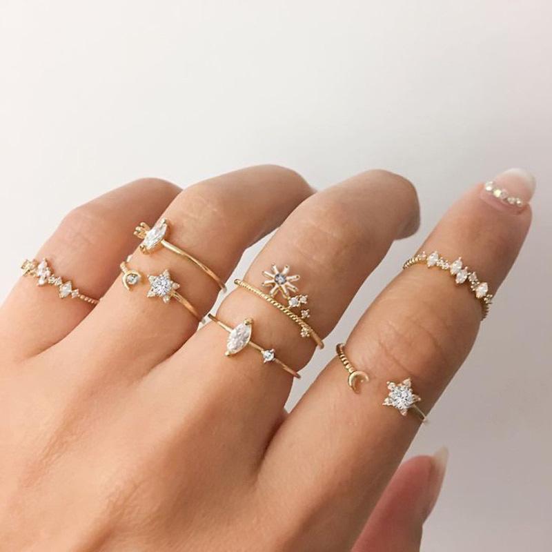 Bohemian 5-Piece Star, Moon, Butterfly Rings Set with Full Diamond Inlays - European & American Style
