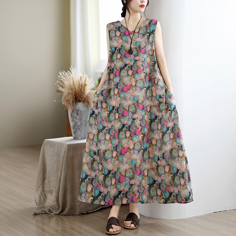 DIMANAF New 2026 Women Plus Size Summer Lady Long Dress Vest Sleeveless Pockets Loose Oversize Maxi Floral Print Sundress Beach Clothing