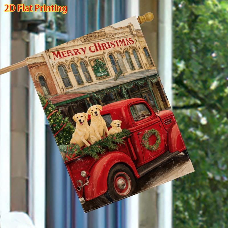 A Large Double-Sided Christmas Garden Flag Featuring a Red Truck, a Golden Retriever Puppy, And Pine Branches, Measuring , Designed for Heavy Outdoor