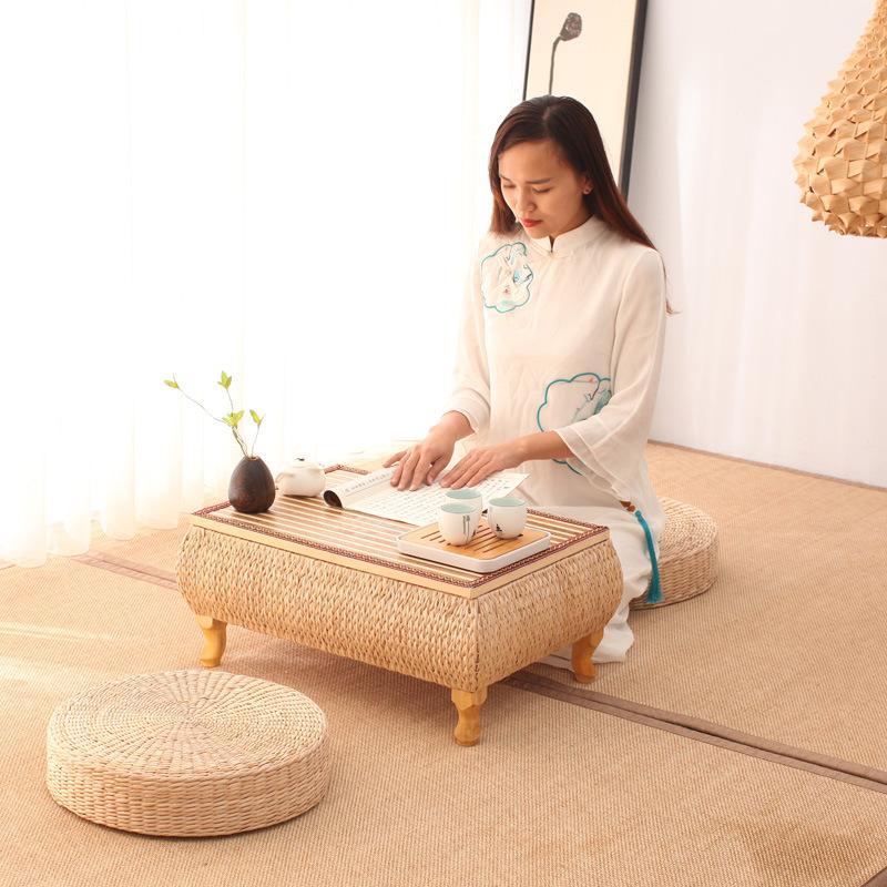 Japanese Style Rattan Side Table Storage Bedside Small Square Coffee Table Balcony Living Room Salon Tea Table