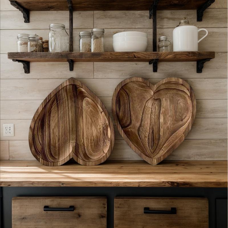 Wood Serving Tray Wooden Trays For Decor Heart Shaped Hand Carved Natural Craft Plate Fruit Bowl Creative For Kitchen Dining