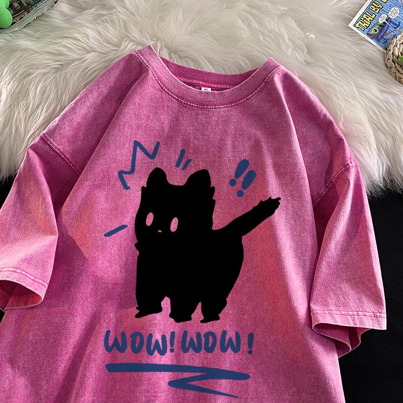 

Винтажные футболки с водной стиркой Вау Вау Веселые топы с черным котом Повседневная хип-хоп одежда с коротким рукавом для мужчин и женщин Хлопковые парные топы S