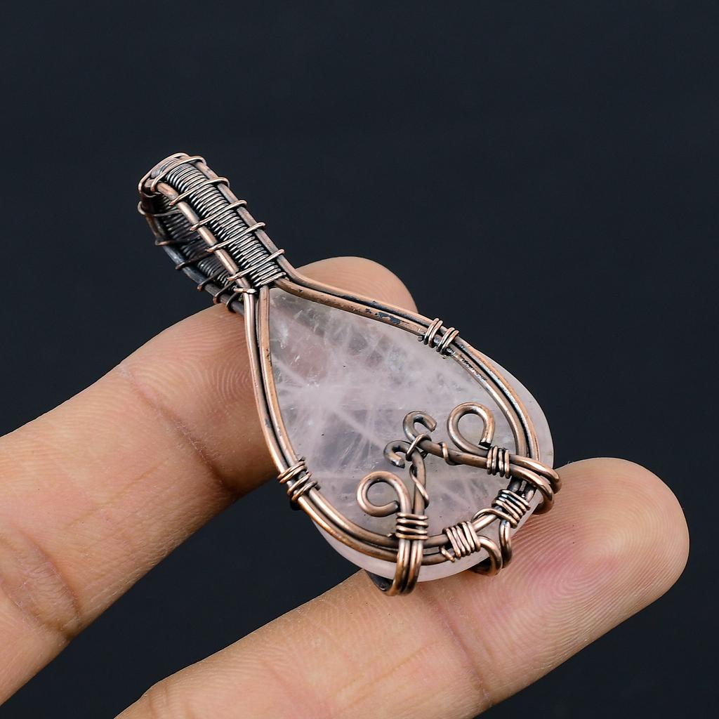Natural Rose Quartz Gemstone Handmade Copper Wire Wrap Gift Pendant 2.2" C4s15