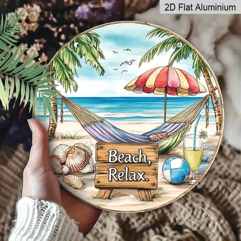 2D Flat, 1Pc Round "Beach, Relax." Aluminum Hanging Sign, Tropical Hammock Palm Tree Ocean Design, Rustic Coastal Metal Wall Decor, Perfect for