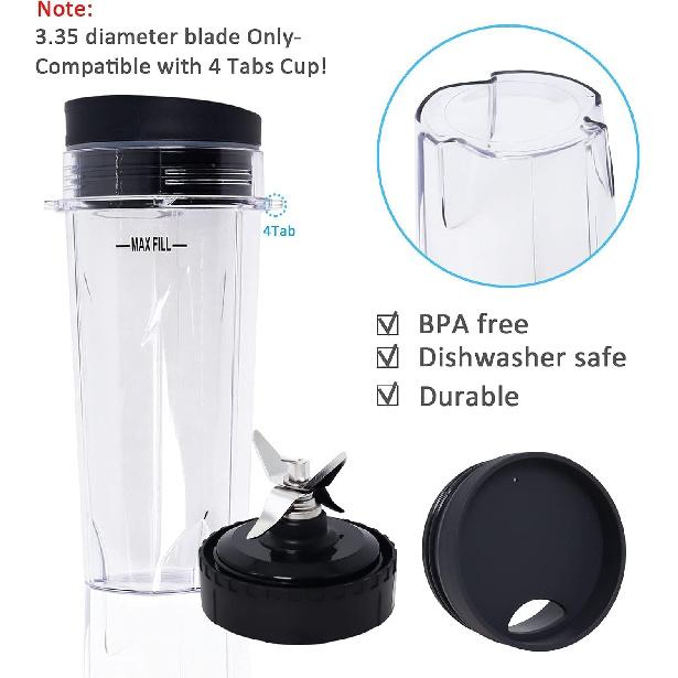 Replacement Parts Compatible with Nutri Ninja, Blender Blade 6 Fins and 2 Pcs 16oz Single Serve Blender Cup Set Compatible with Ninja BL660 BL740