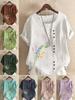 Women's Fashion Floral Print Casual Cotton Linen Short Sleeve Round Neck T-shirt Shirt Leisure Loose Summer Blouse Tops