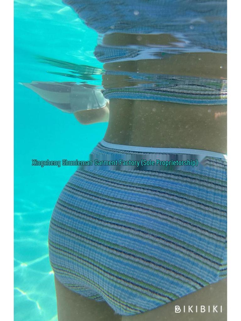 Women's High-End Striped Bikini Set with Cover-Up - Slimming Fit, Small Bust, Korean Conservative Style