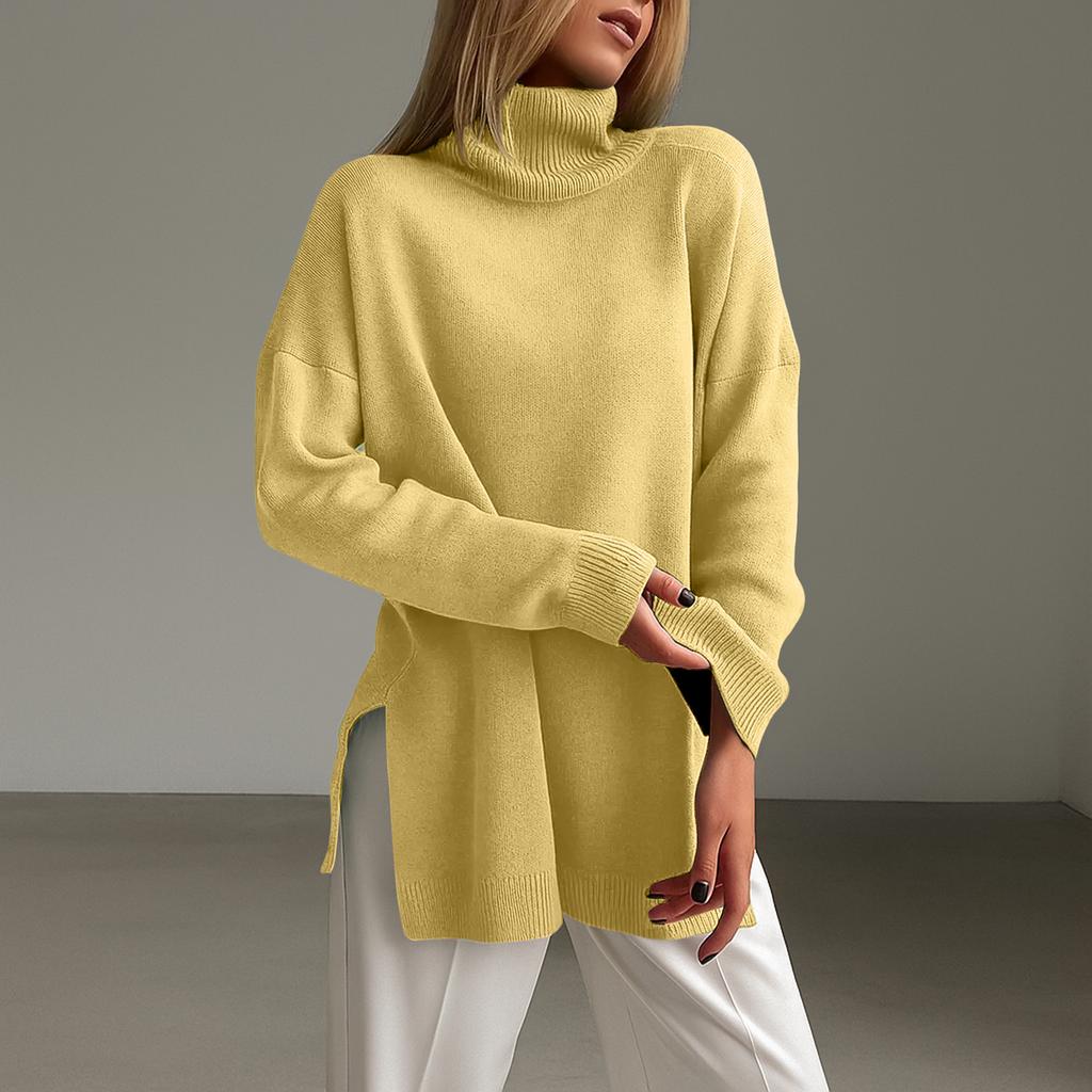Women's Fashion Casual Solid High Collar Hem Split Long Sleeve Sweater Top
