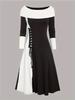 Women's Knitted Maxi Dress Round Neck Long Sleeve Patchwork Long Dresses Casual Color Block Drawstring Dress