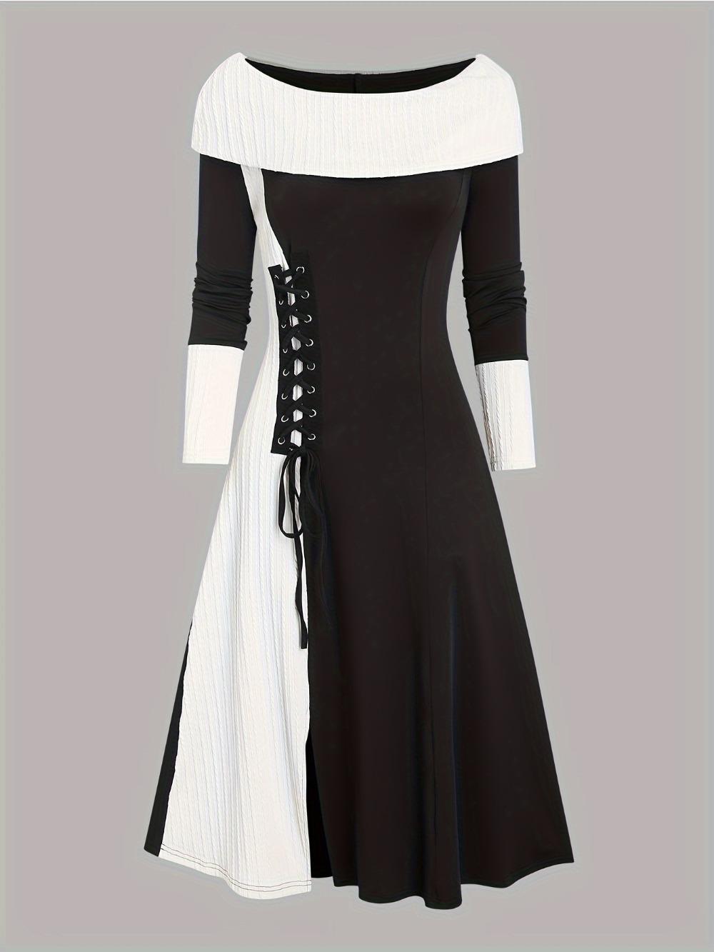 

Платье на шнуровке с цветными блоками, повседневное трикотажное платье с длинными рукавами и вырезом-лодочкой на осень и зиму, женская одежда XXL чёрный
