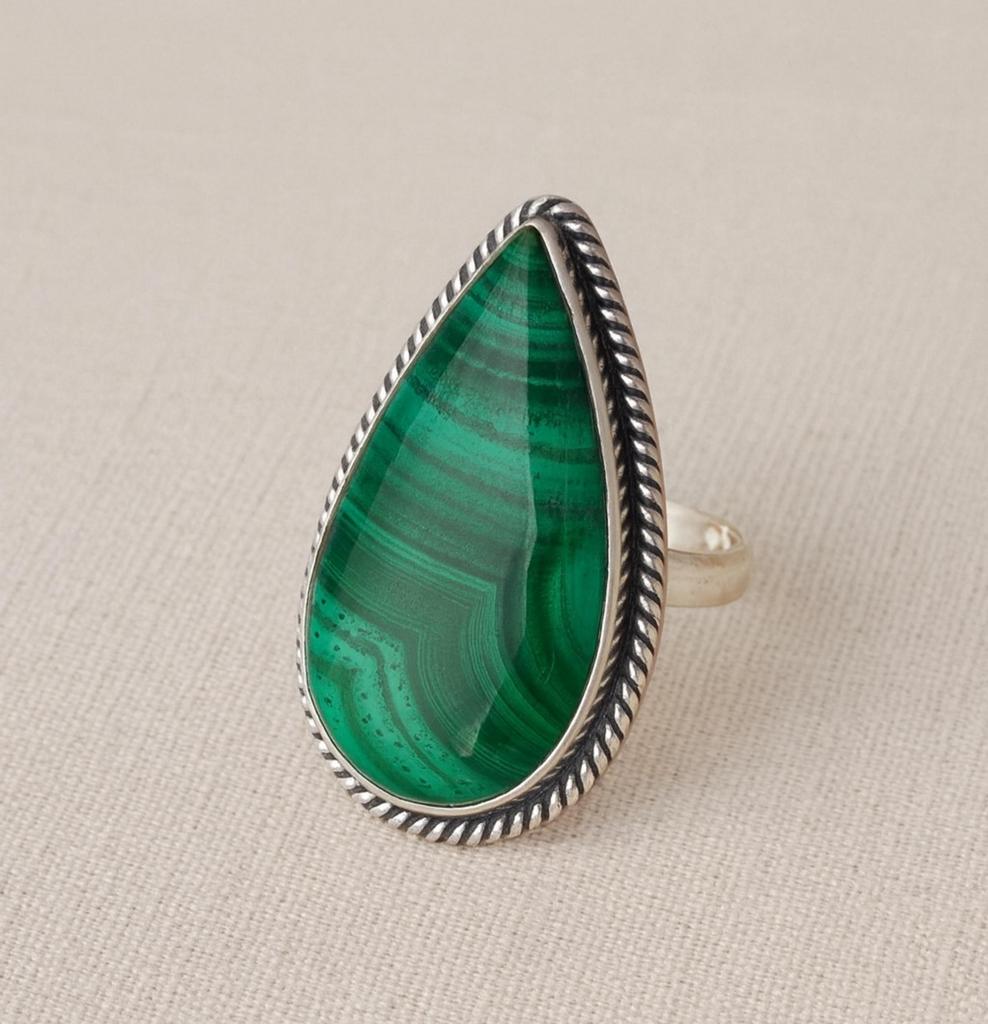 Malachite Ring, 925 Sterling Silver, Handmade Pear Cut Large Stone Ring, Bohemian Style Jewelry