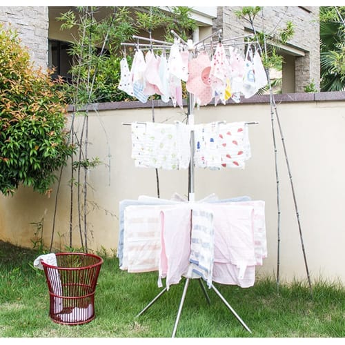 RUNCAN Clothes Drying Rack, Clothes Drying Rack with Pinch Hangers and Towel Hangers, 3 Tiers, 360-Degree Rotation, Four-Legged Design, Foldable Stora