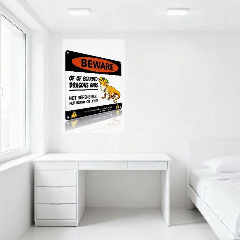 Beware of Bearded Dragons Funny Prank Metal Tin Sign - Warning of Injury, Cartoon Dragon, Home Bar Man Cave Decor