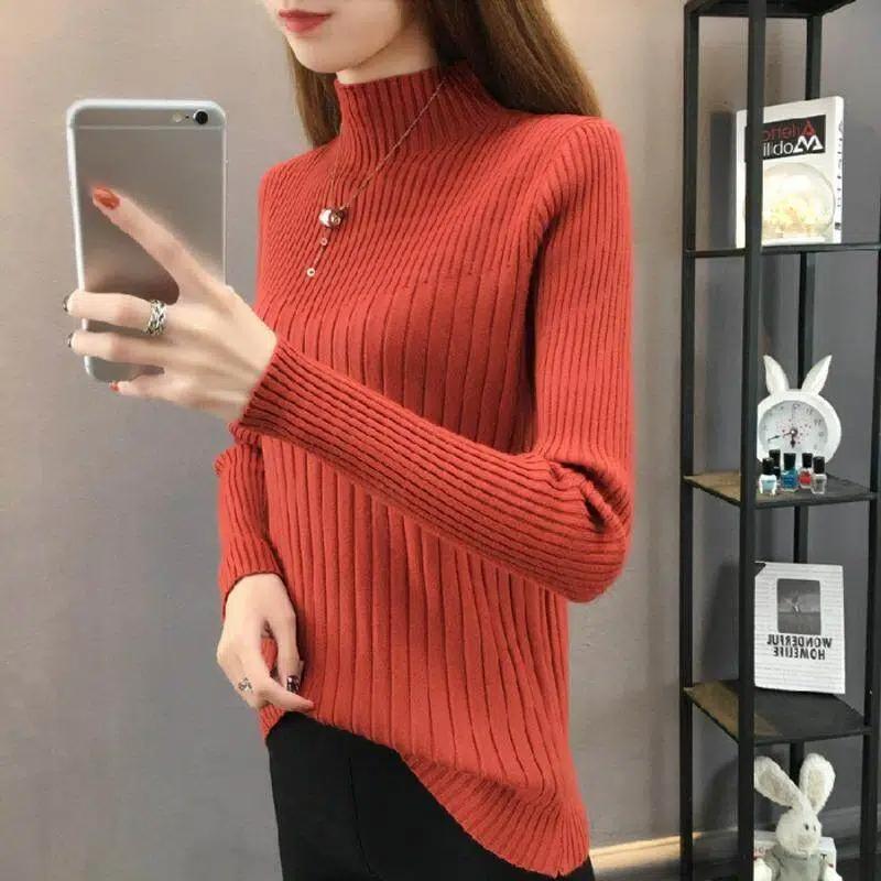 Autumn Winter Slim Casual Fashion Half High Collar Sweater Women Solid Color All-match Bottomed Knitting Tops