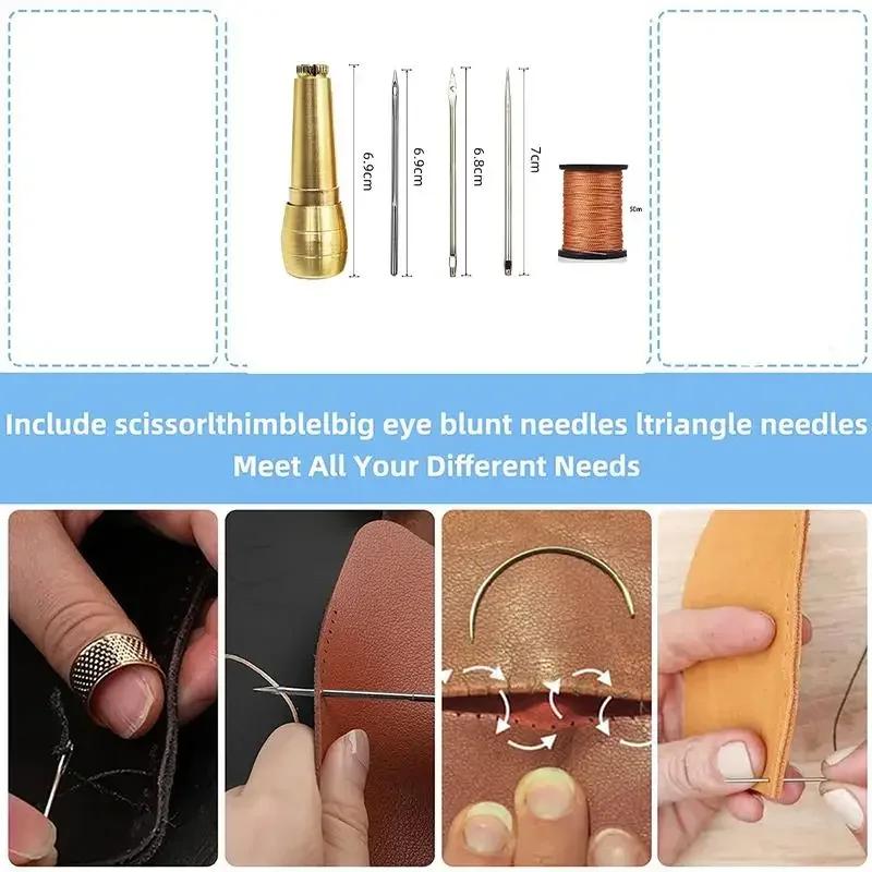 Kit de Couture Cuir DIY Alêne à Coudre Cuir Aiguille avec Manche en Cuivre Set Outil de Réparation Cuir Toile Tente Chaussures avec Fil de Nylon