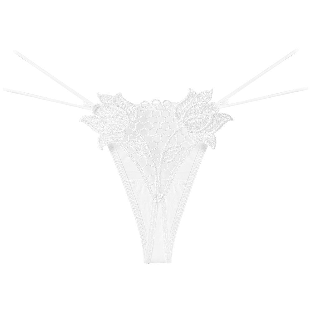 European Size Cross-border Sexy Embroidered Thong, Ice Silk Comfortable and Fashionable Hollow Double Strap Temptation Women's Underwear Large Size