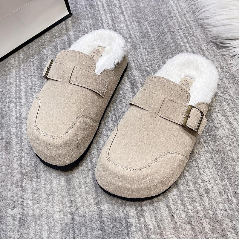 Fashion Winter New Baotou Slippers Women's Fashion Round Head Suede Deep Mouth Soft Sole Anti-slip Wear-resistant Flat Shoes