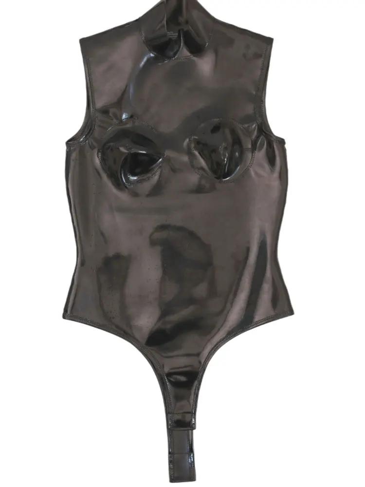 Sexy Women Pu 3D Bust High Cut Bodysuit Latex Ammonia Shaping Sexy Tights Open Crotch Pvc Shiny Cosplay Maid Leotard Plus Size
