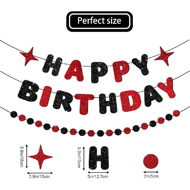 Red and Black Happy Birthday Banner Glitter Garland for Black and Red Decorations Happy Birthday Decorations for Women Men Boys Girls 25st 30st 40st