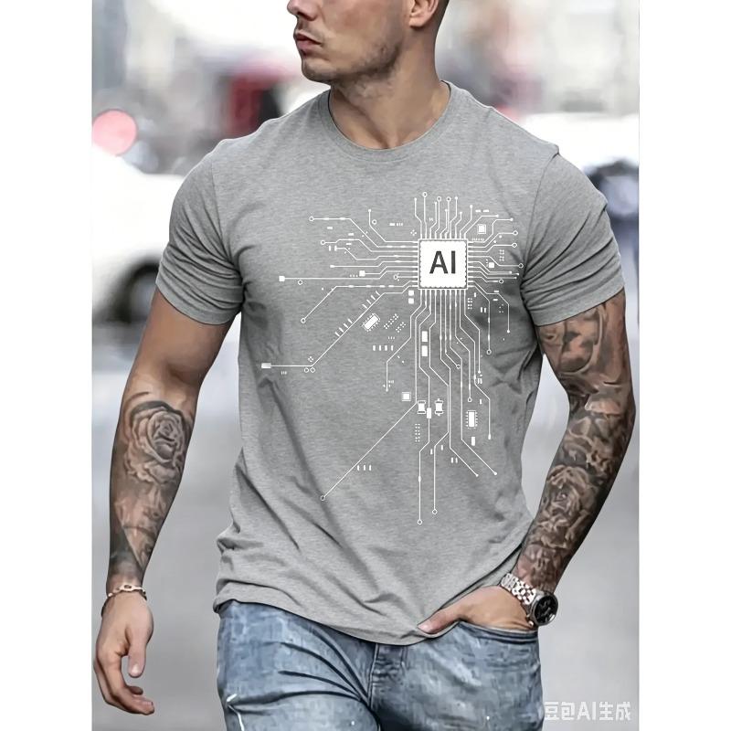 2026 New Men's AI Circuit Board Print T-shirt Gradient Crew Neck Short Sleeve Casual Tee for Streetwear Summer Breathable Tops
