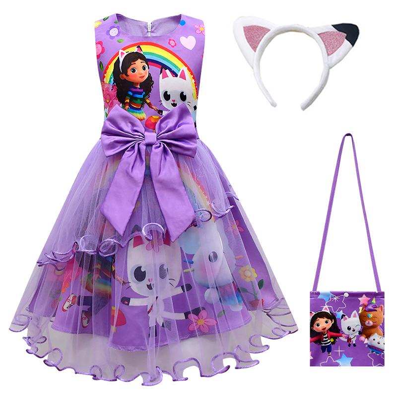 Gabby's poppenhuis Kinderen Zomer Gabby Katten Jurk Baby Meisjes Schattige Kant Prinses Jurk Peuters Meisjes Verjaardagsfeest Jurken Hoofddeksel 140 purple
