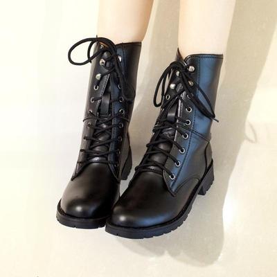 Leder Damenstiefel Mode Klassische Schnürstiefeletten Niedrige quadratische Absätze Runde Zehen Herbst Winter Lässige Damenschuhe