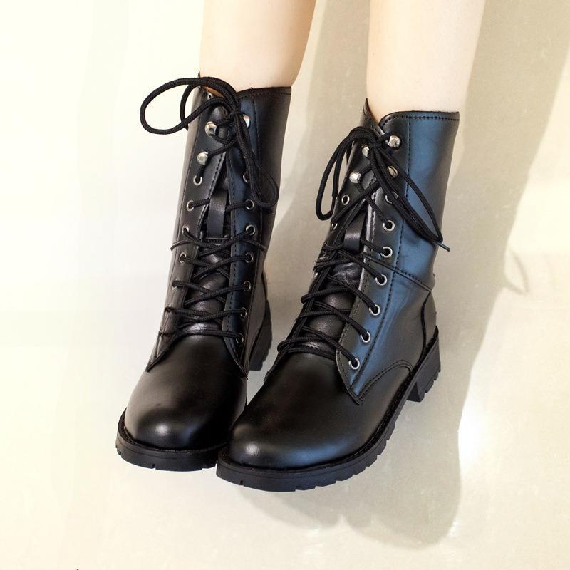 Leather Women Boot Fashion Classic Lace Up Ankle Boots Low Square Heels Round Toe Autumn Winter Casual Women Shoes