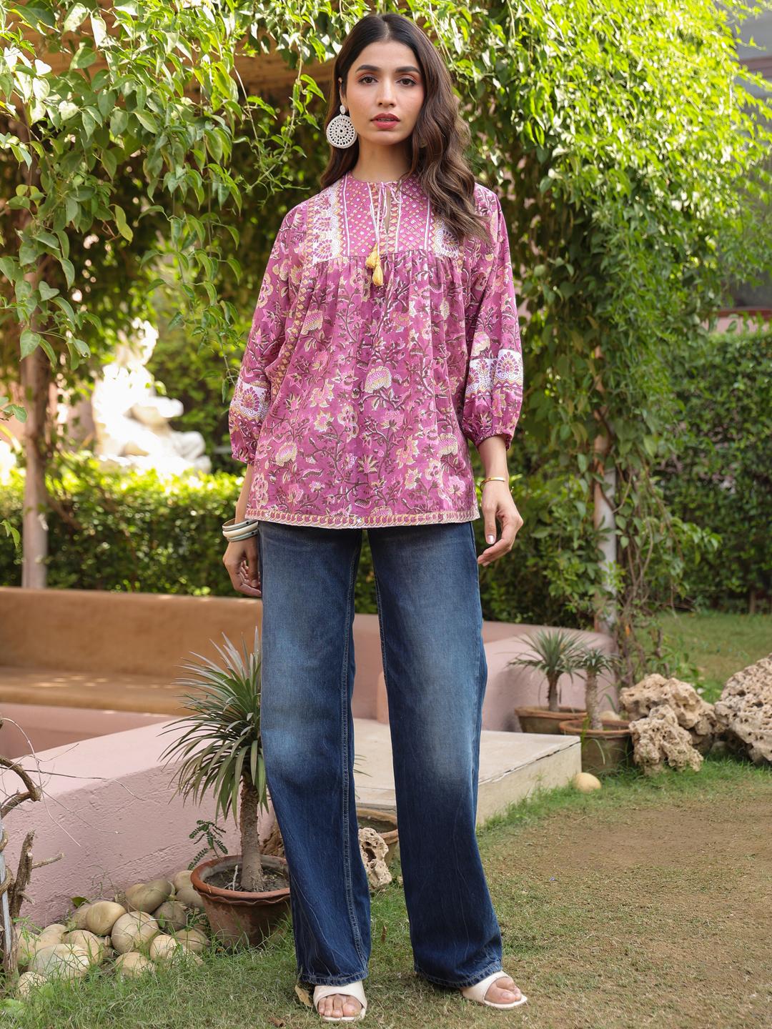 

Mauve Hand-block Printed Boho Volume Sleeves Top M мальвовый