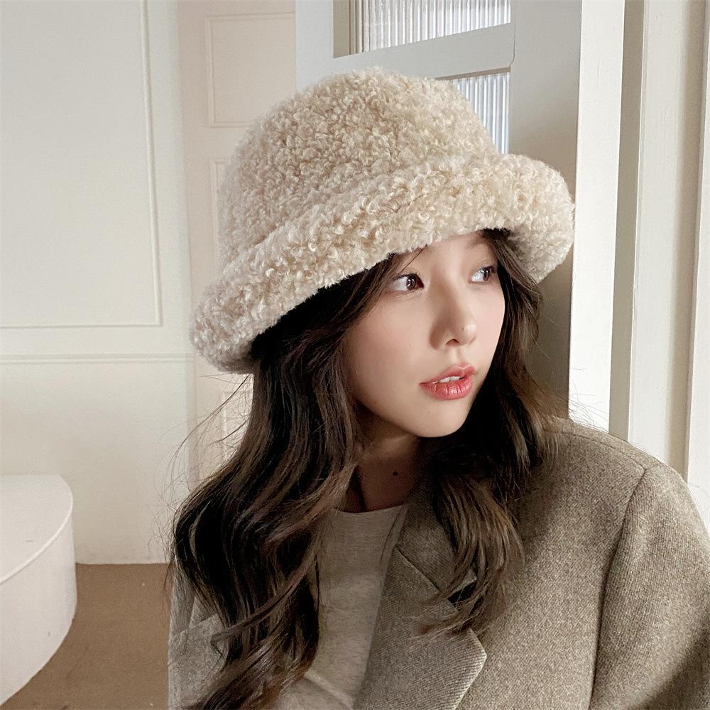 Lamb Wool Crimped Basin Hat Women's Autumn and Winter Face Small Dome Top Hat Fashion Versatile Warm Fisherman Hat