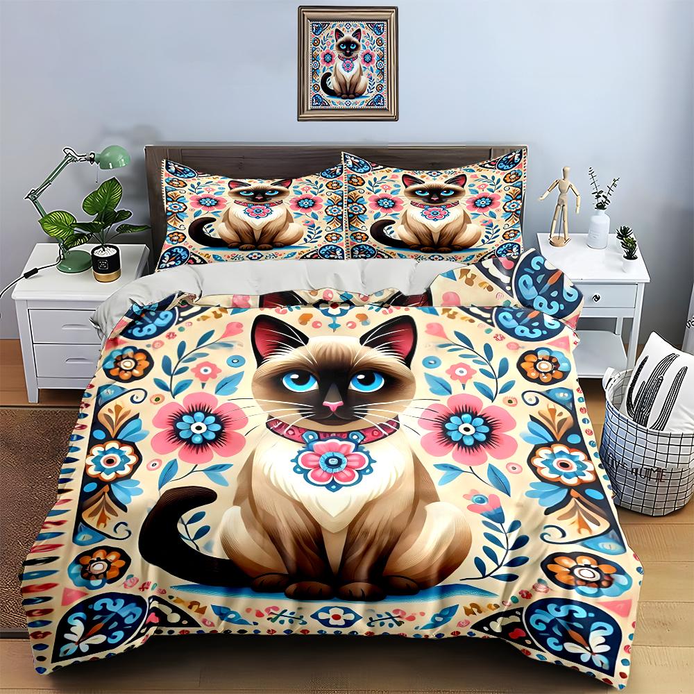 Katzen-Blumendesign. Bettwäsche Bettbezug-Sets Bettbezüge Kissenbezüge Geschenke (1 * Bettbezug 2 * Kissenbezüge, ohne Bettdecke)