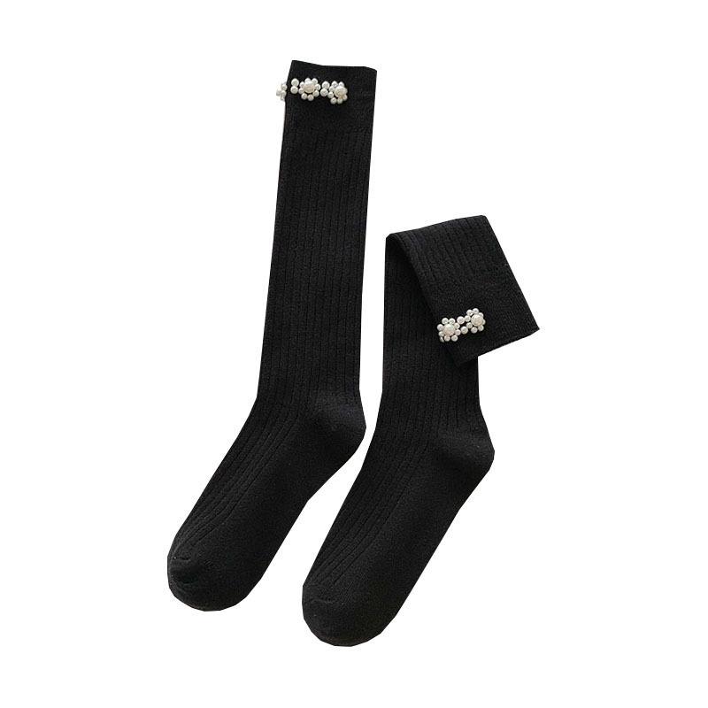 Women's Knee-High Sweet Preppy Socks with Pearl Decor - Spring/Autumn JK Style