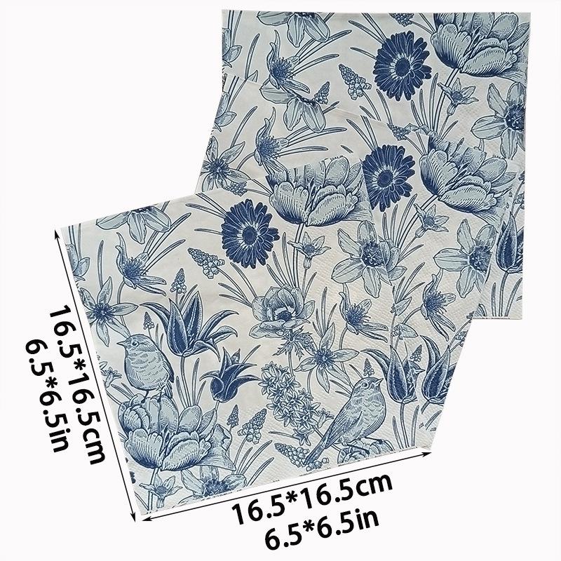 20Pcs Blue Flower Printed Paper Napkins, 2-Ply Disposable Napkins for Baby Shower Birthday Party - Table Decor Tissue Supplies