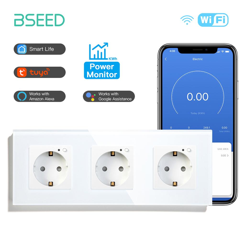 BSEED Wifi Sockets EU Wall Socket Smart Tuya Electric Sockets Power Monitor Google Smart Life Alexa Voice Control Glass Panel