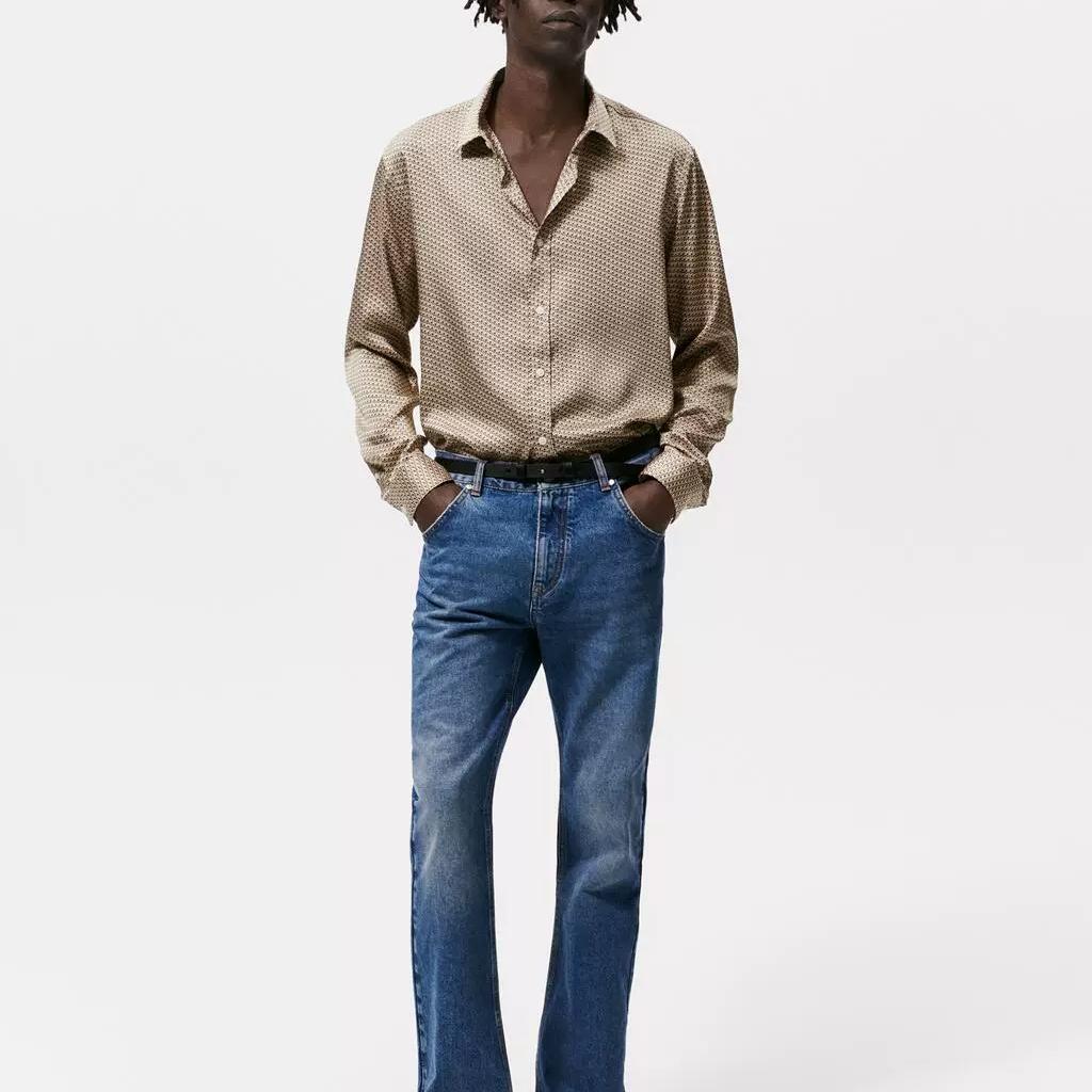 Zara Geometric Pattern Slim Fit Casual Long Sleeve Shirt Men shirts Brown 6368516-707